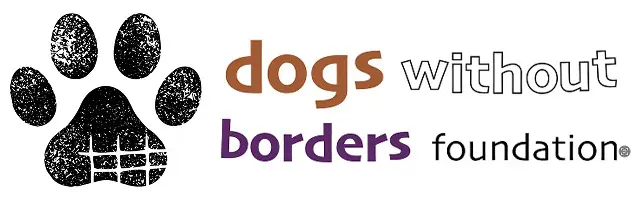 A brown and white banner with the words dogs without borders written in it.