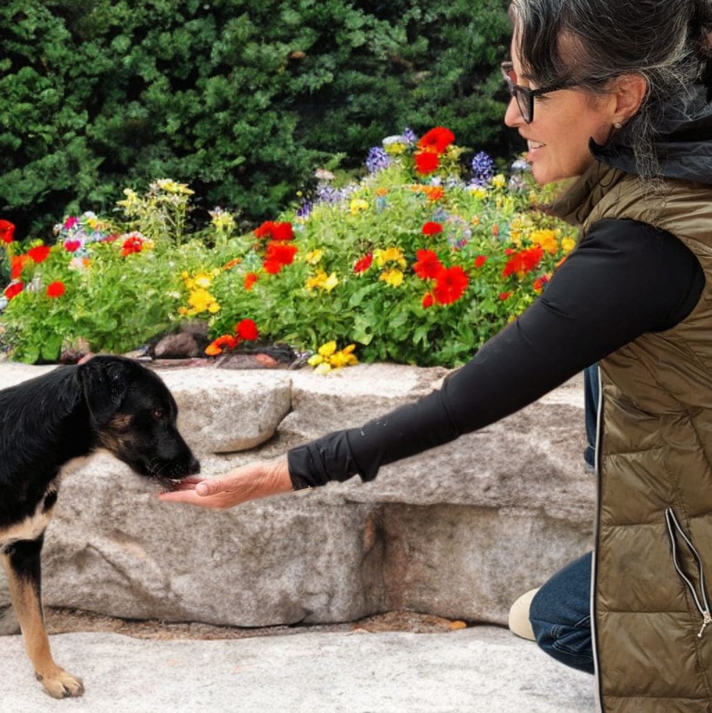 A woman is petting a dog on the nose.