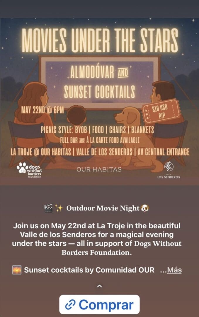A poster for an outdoor movie night with people sitting on the ground.