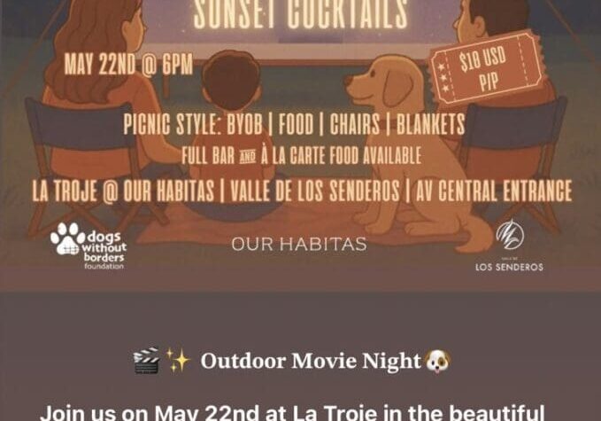 A poster for an outdoor movie night with people sitting on the ground.